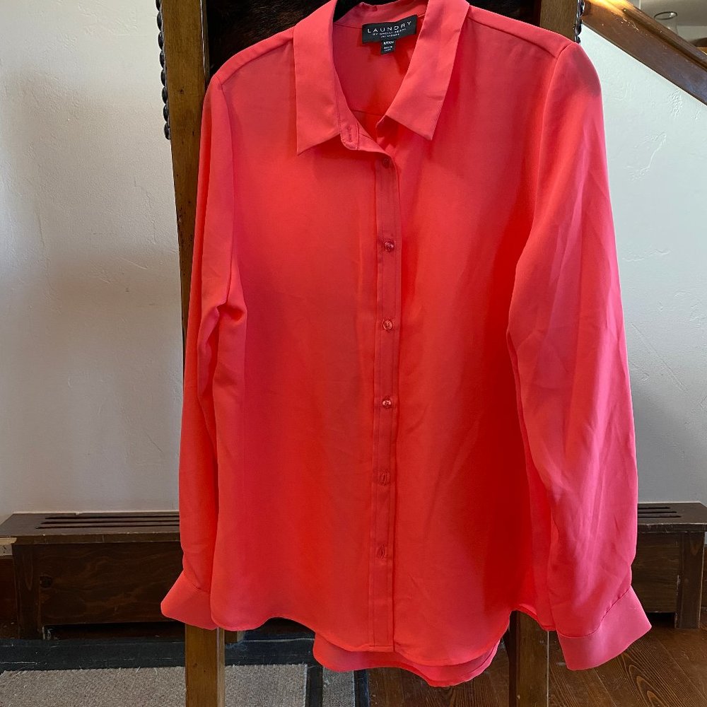 Laundry brand, red button down, semi-sheer, light-weight.